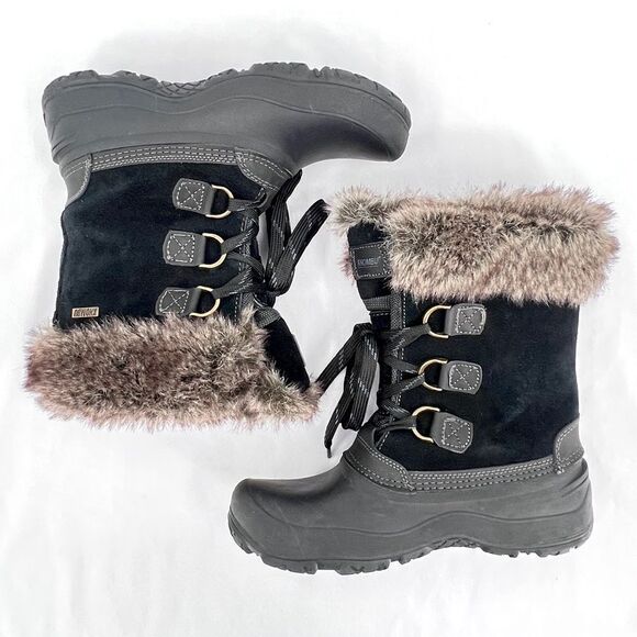 Khombu Slope Black Suede Rubber Brown Fur Lace Up All Terrain All Weather Boot 8 - Picture 4 of 10